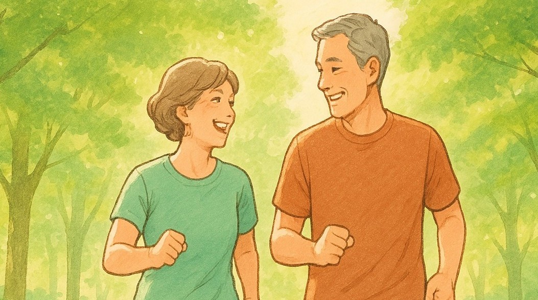 若々しく健康的にウォーキングをする50代日韓夫婦