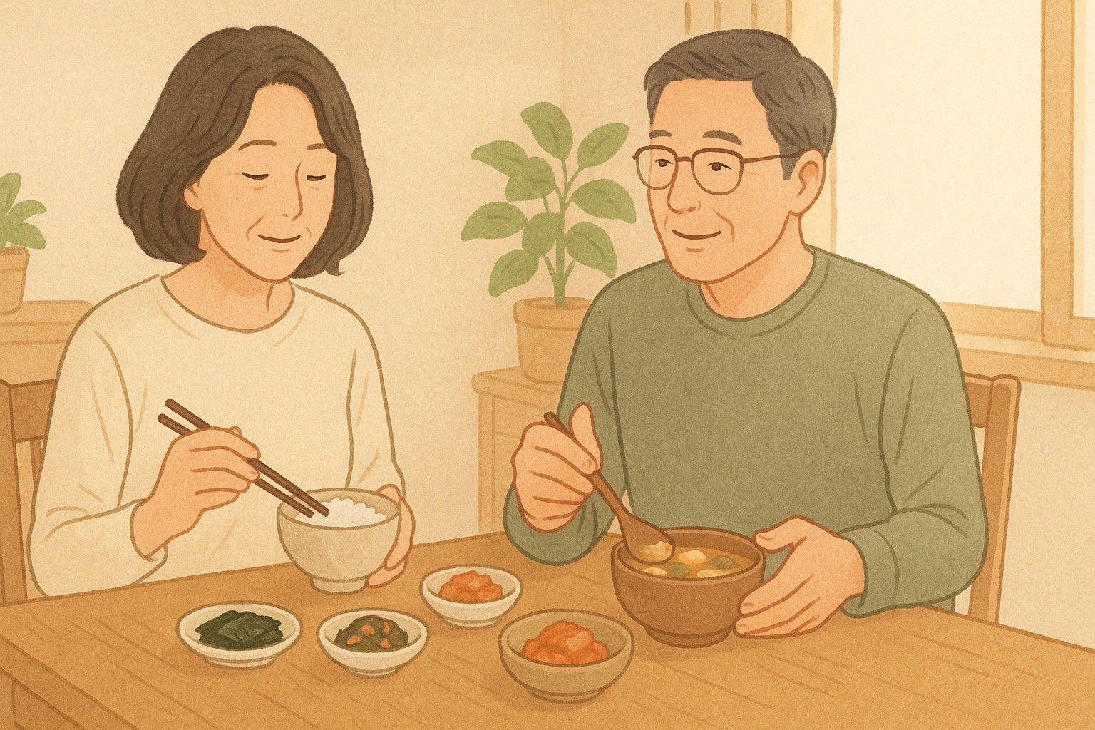 韓国式の朝食を囲みながら、50代夫婦がリラックスして過ごす様子。更年期にやさしい健康食習慣