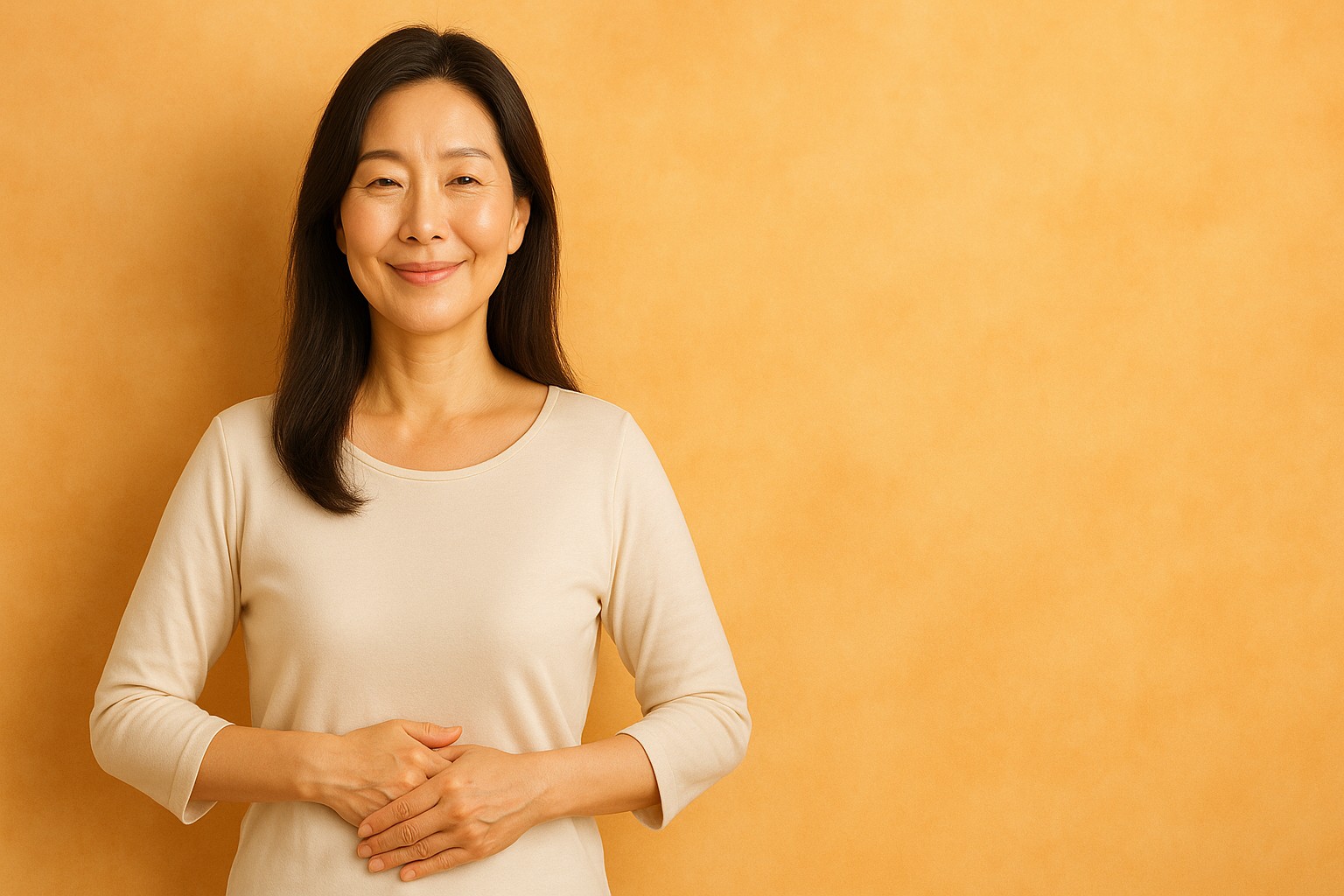 温かみのある背景の中、両手でお腹を優しく押さえる50代の韓国人女性。美しい肌と髪が輝き、内側から整える健康美を表現したイラスト