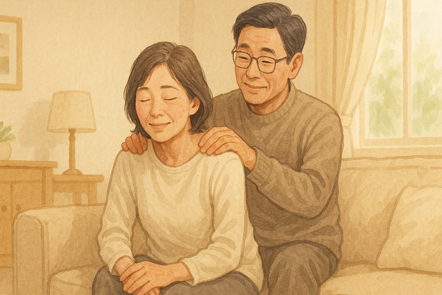 体調がすぐれない日に、40代の日韓夫婦の夫が、妻の肩をやさしくもんで支え合う様子
