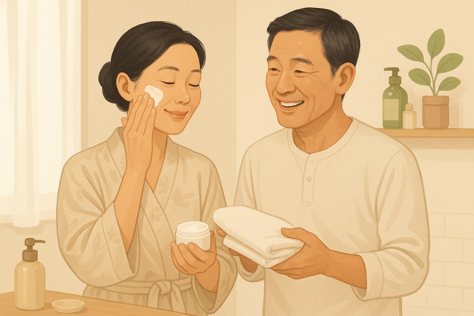 40代の日韓夫婦が、明るい洗面所でスキンケアを楽しむ様子。肌のための美容習慣を共有する日常シーン。