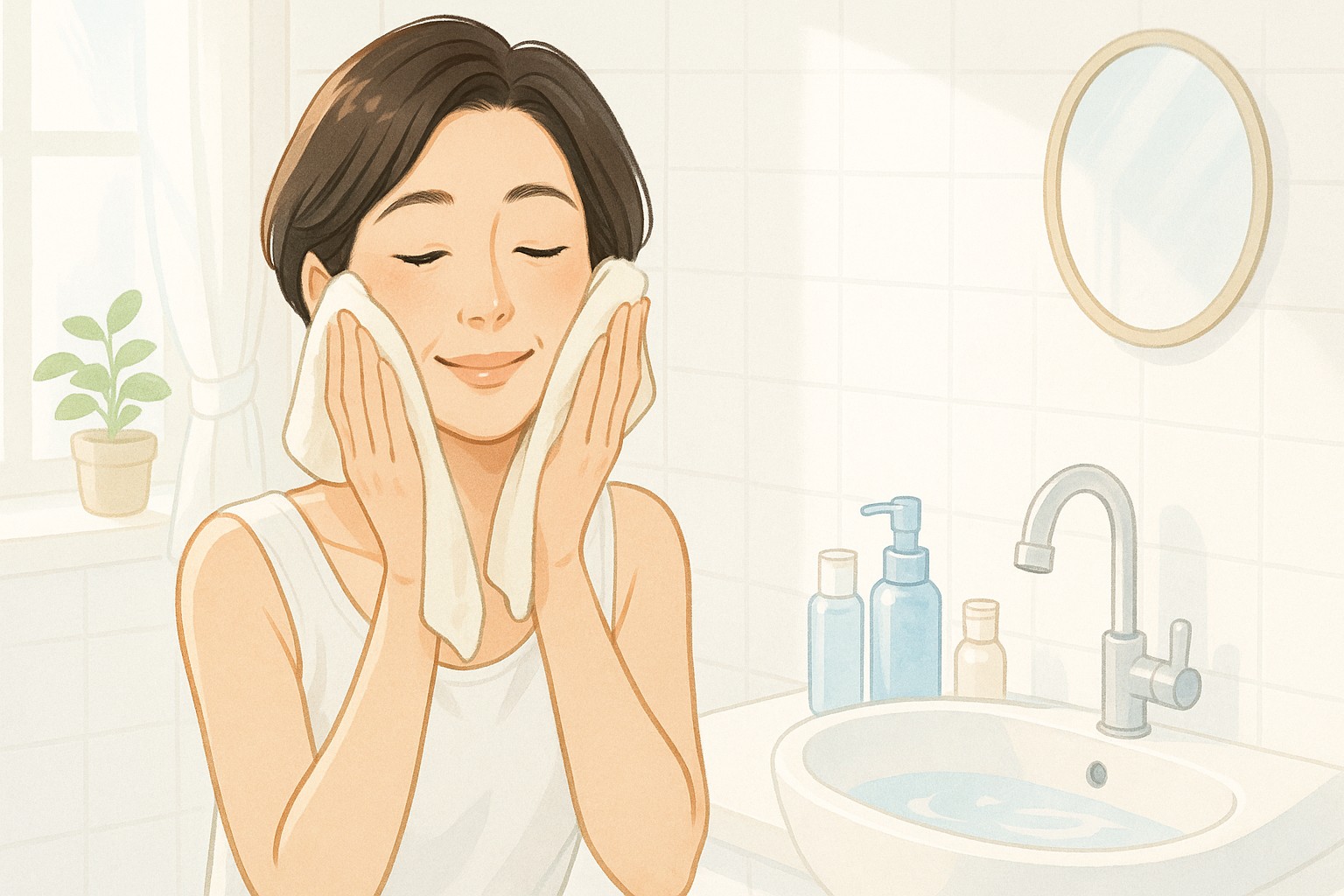 朝の光が差し込む洗面所で、40代の日韓女性が洗顔後に顔を拭きながら、爽やかに朝のスキンケアをしている様子