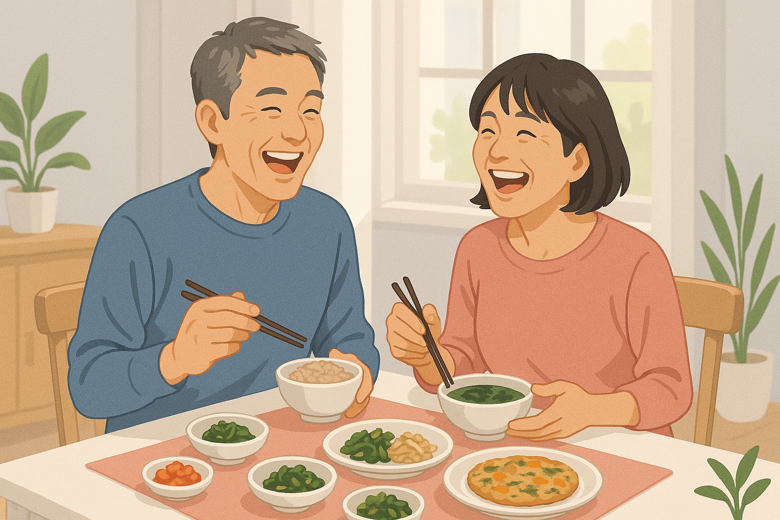 朝の光が差し込むダイニングで、40代の日韓夫婦がスープ中心の朝ごはんを仲良く囲んでいる様子。ナムルや雑穀ご飯、韓国風スープなどが並ぶ。