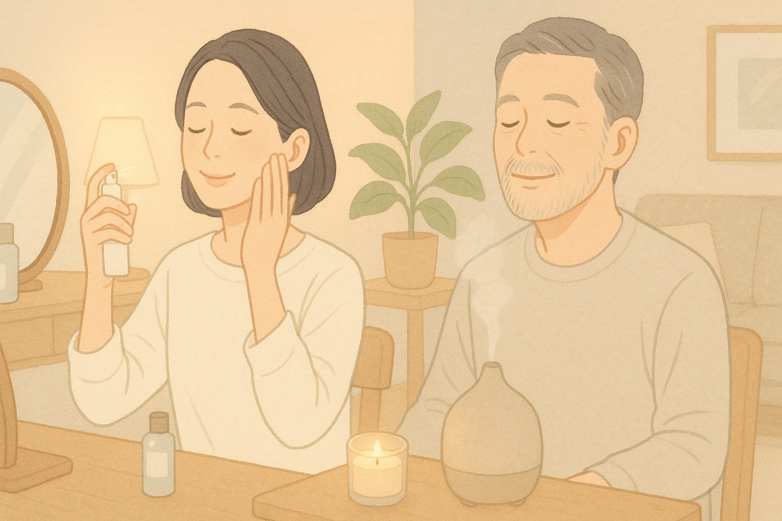 40代の日韓夫婦が、夜のリビングでスキンケアをしながら穏やかに過ごす様子。妻はミストを使い、夫はアロマの香りを楽しんでいる。