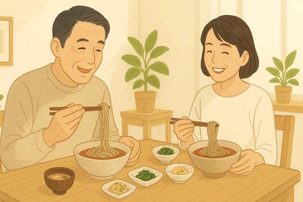 40代の日韓夫婦が、朝のダイニングで朝食を楽しむ様子。夫がそばをすくい上げ、妻が微笑んで見つめている、週末らしい穏やかな朝の風景。