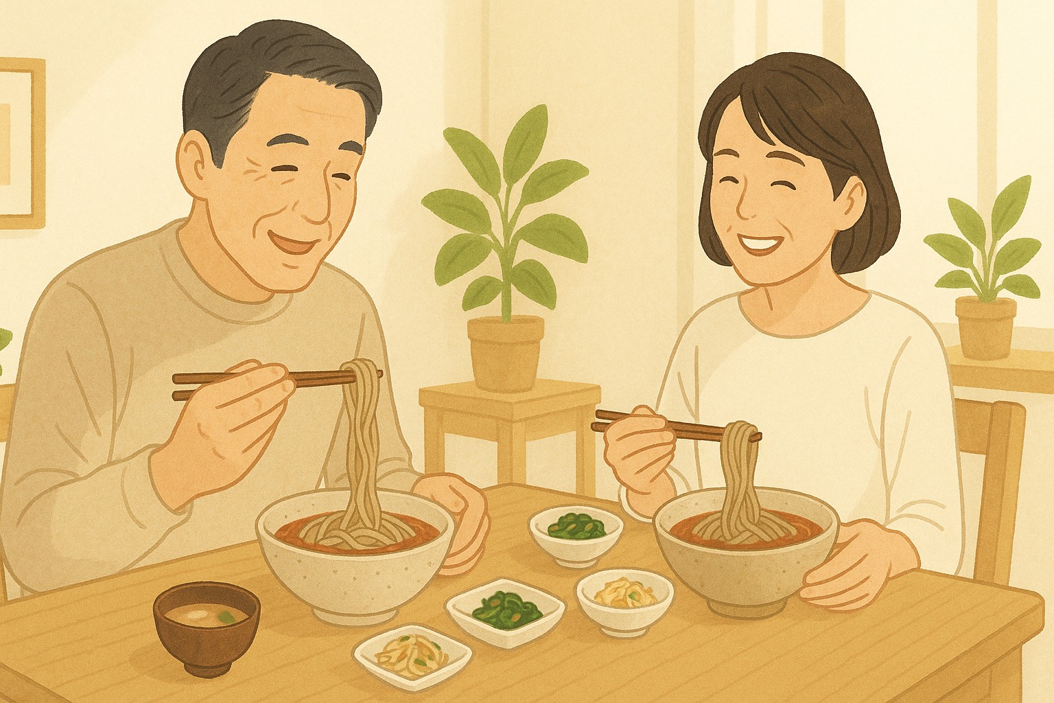 40代の日韓夫婦が、朝のダイニングで朝食を楽しむ様子。夫がそばをすくい上げ、妻が微笑んで見つめている、週末らしい穏やかな朝の風景。