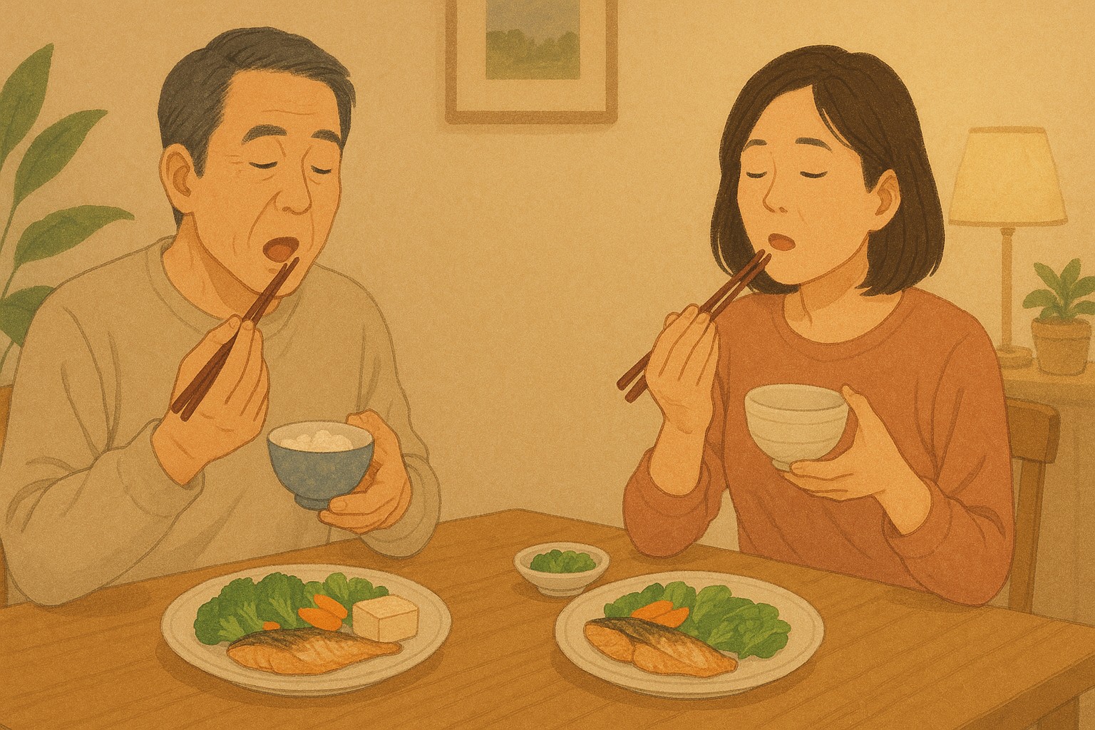 50代夫婦が彩り豊かな健康食を囲み、会話を楽しみながらゆっくり食事をする様子。リバウンドを防ぐ食べ方習慣を表現した温かなシーン