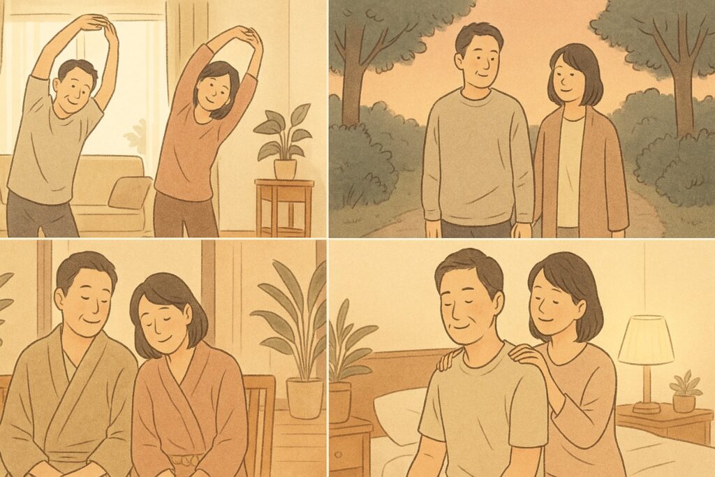 50代夫婦が自宅でゆるストレッチや外気浴、マッサージを取り入れた“疲れを溜めない習慣”を楽しむ様子を描いた温かいイラスト