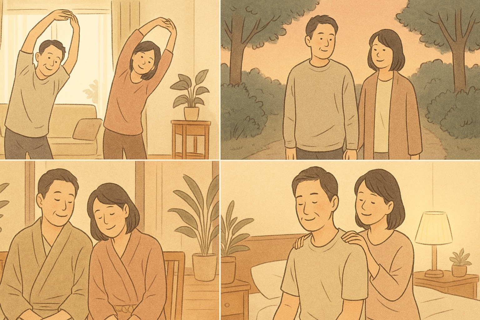 50代夫婦が自宅でゆるストレッチや外気浴、マッサージを取り入れた“疲れを溜めない習慣”を楽しむ様子を描いた温かいイラスト