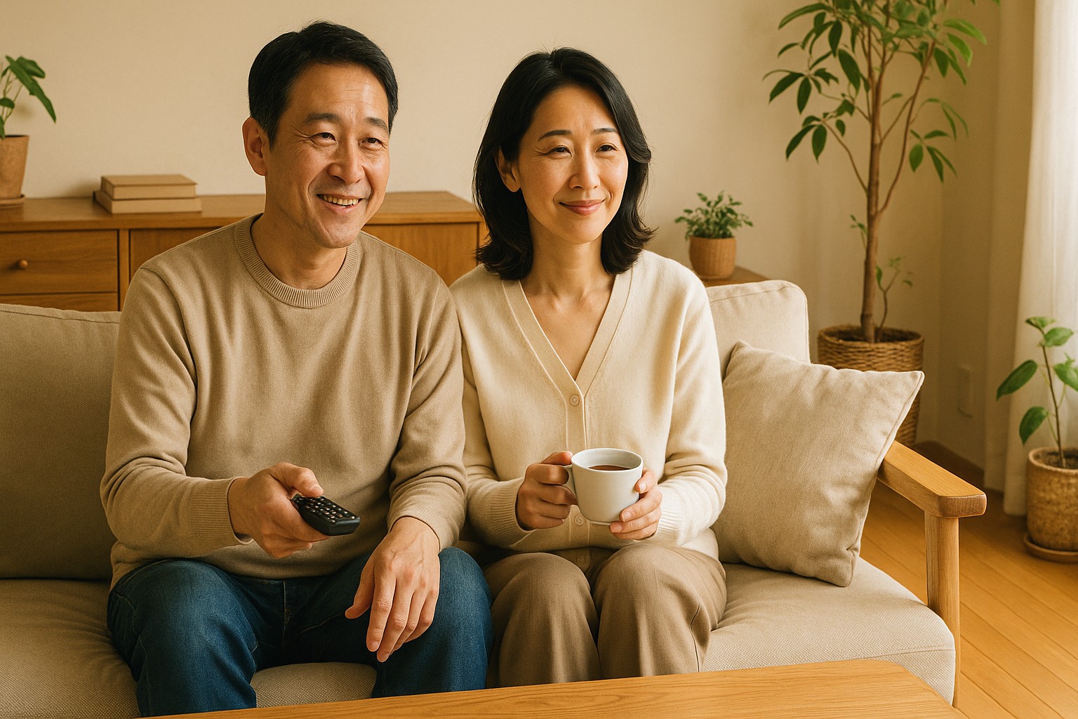 50代夫婦がソファでお茶を飲みながら穏やかに過ごす様子。日常の中にある“ちょっといい時間”を切り取った写真風の1枚