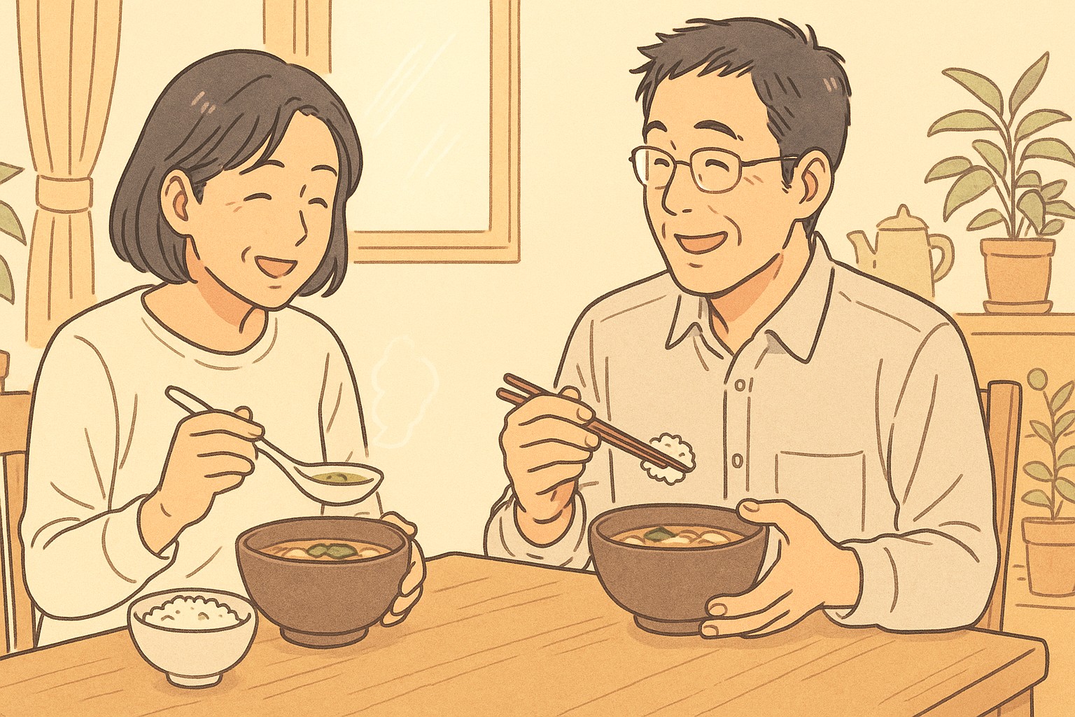 50代の日韓夫婦が朝の食卓でスープを囲む漫画風のイラスト。やさしい光に包まれた穏やかな朝の風景