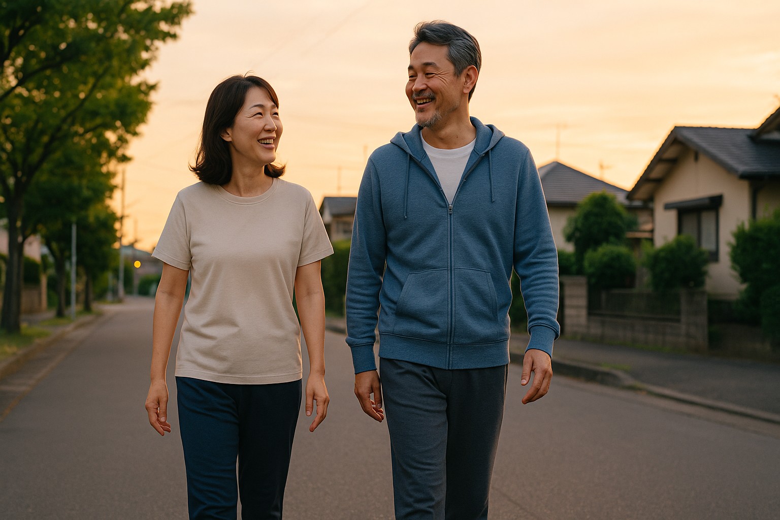 50代の日韓夫婦が夕方の住宅街を並んで歩く様子。会話を楽しみながら続けている穏やかなウォーキング習慣を表現。