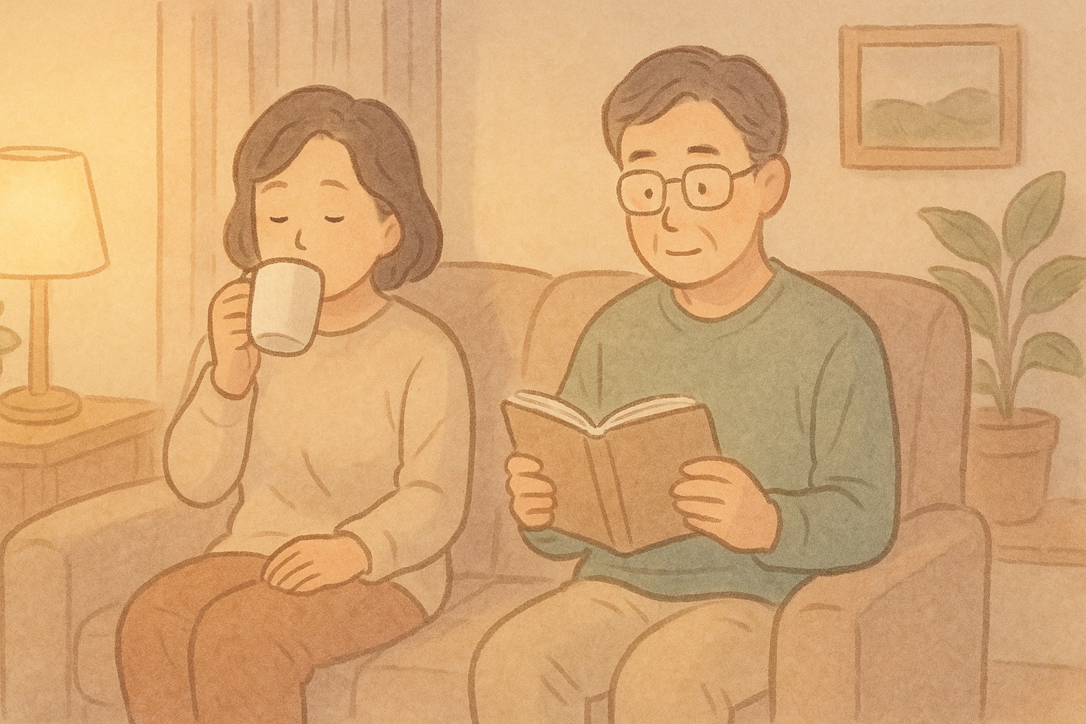 50代の日韓夫婦が静かにリビングで過ごすイラスト。会話せずともそばにいる、やさしい寄り添いの時間を描写。