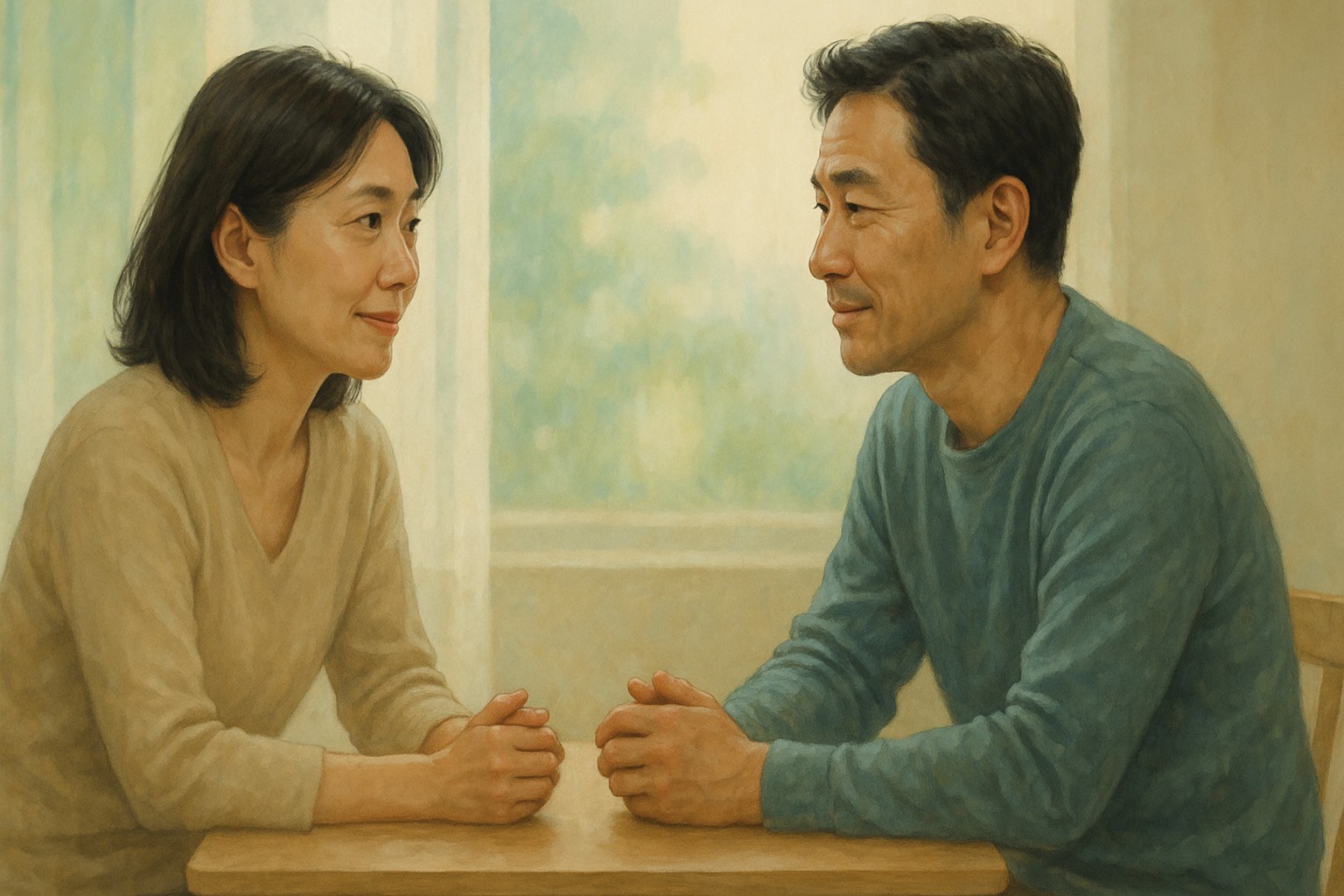 日韓夫婦がテーブル越しに穏やかに会話するセミリアルなイラスト。お互いの言葉を丁寧に届け合う様子を描写。