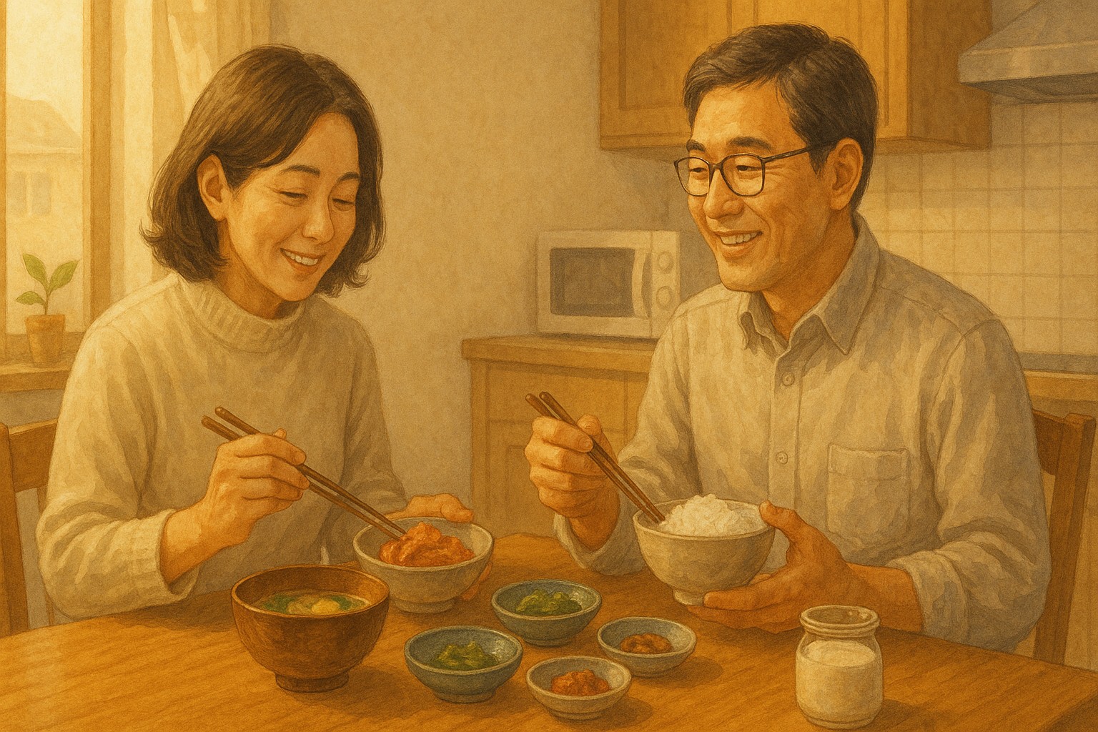 40代の日韓夫婦が発酵食品を並べた朝食を囲むセミリアルなイラスト。穏やかな朝に体を整える習慣を描写