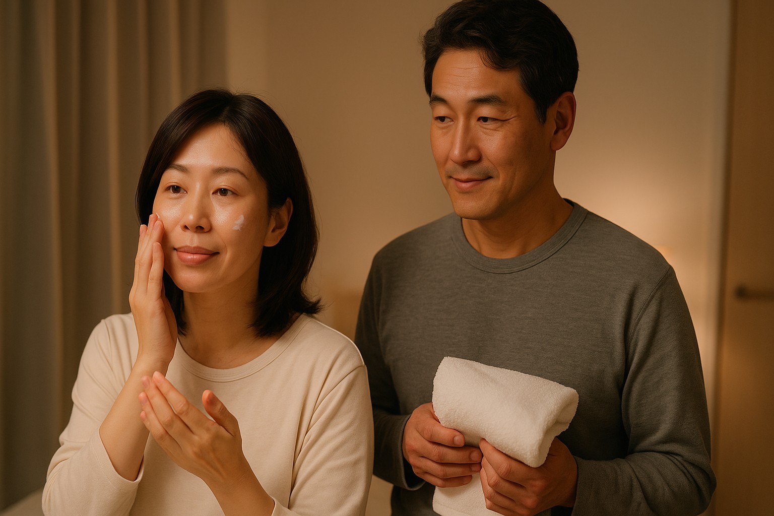 季節の変わり目に、スキンケアを丁寧に行う40代の日韓夫婦。やさしい空気感の中で肌を整える様子を描写。