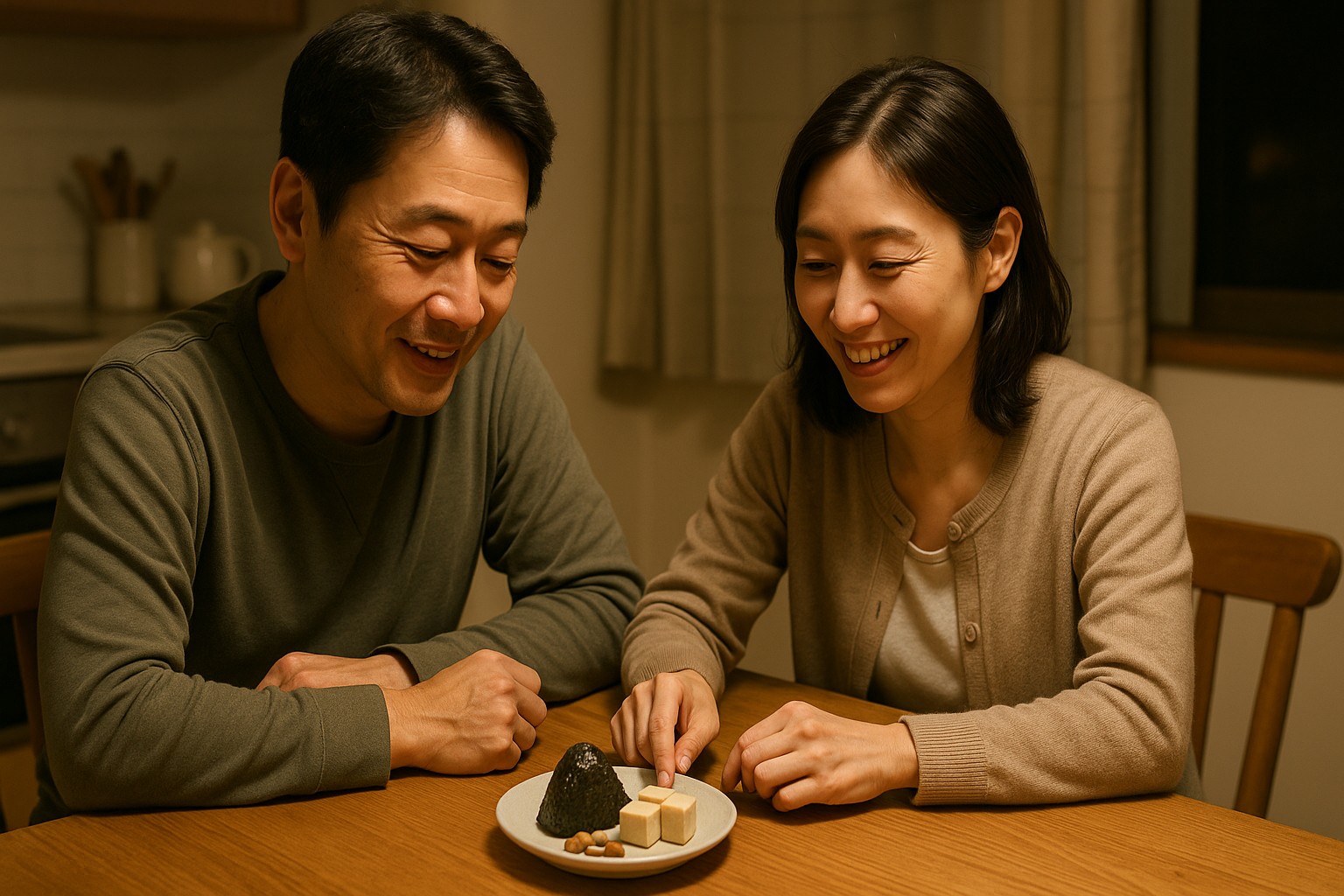夜のキッチンで軽い夜食を囲む40代の日韓夫婦のリアルな写真風イメージ。夜食を見直すやさしい習慣を描写。
