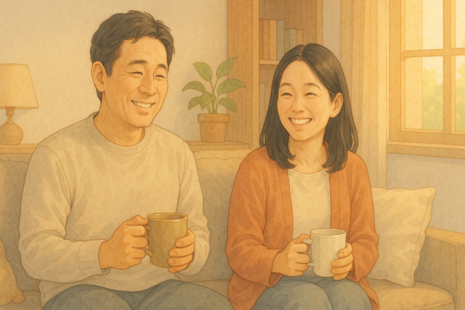 自然光が差し込むリビングで温かい飲み物を手に、穏やかに過ごす40代の日韓夫婦のやさしいひととき。