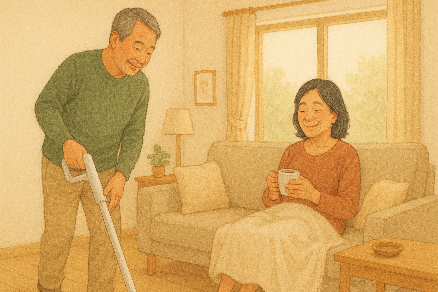 40代の日韓夫婦。疲れている妻がソファで休む横で、夫がコードレス掃除機を使って静かに掃除している、やさしい朝の風景。