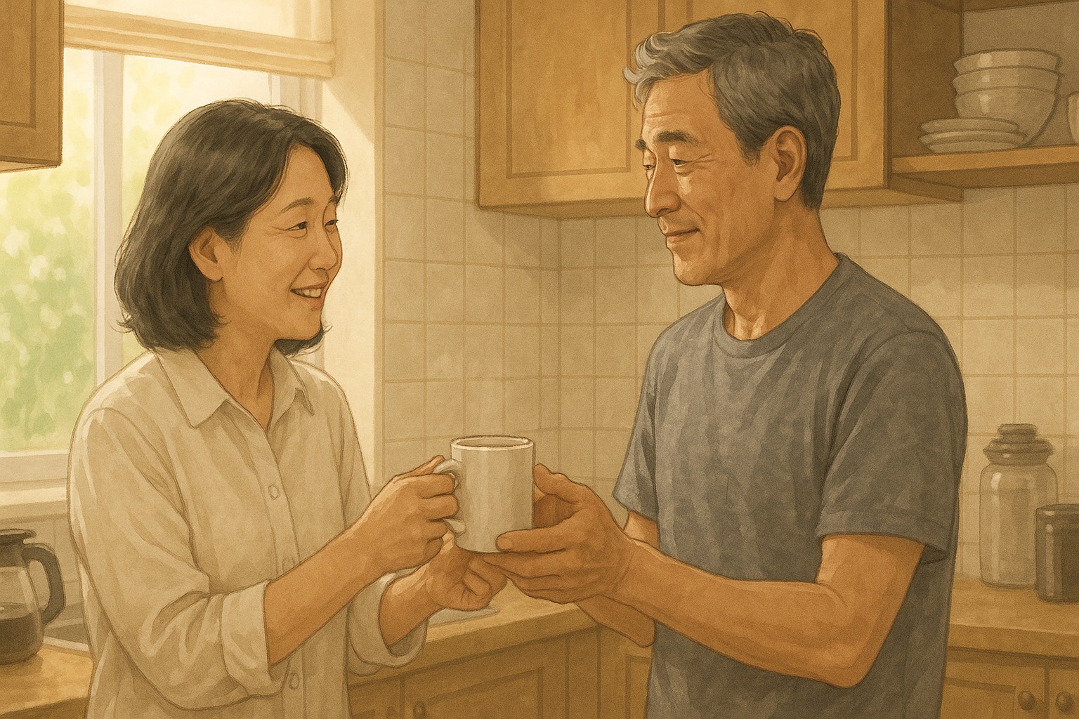50代の日韓夫婦が朝のキッチンで会話を交わす様子。すれ違いを防ぐ“朝のひとこと”習慣を象徴する穏やかなシーン