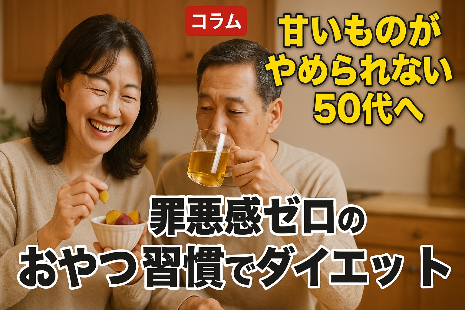 さつまいもを持ってほほ笑む女性と、はちみつティーを飲む男性。甘いものと上手に付き合う50代夫婦のコラム用画像。