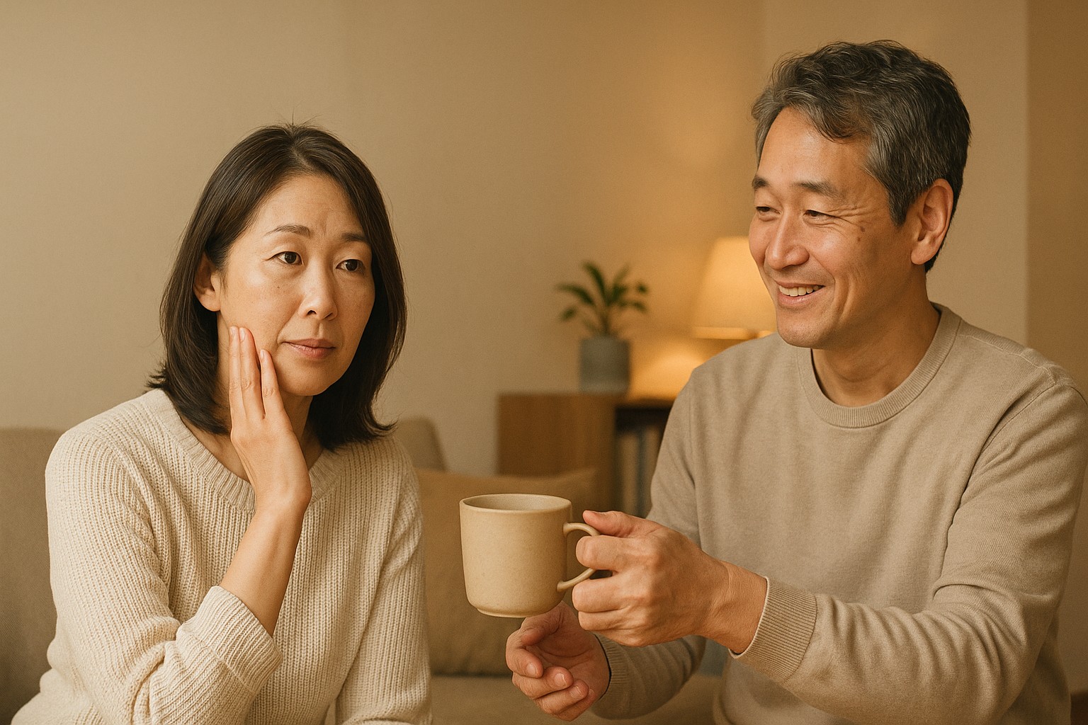 50代の日韓夫婦がリビングでリラックスしながら、肌とストレスケアについて語り合う様子を描いた画像