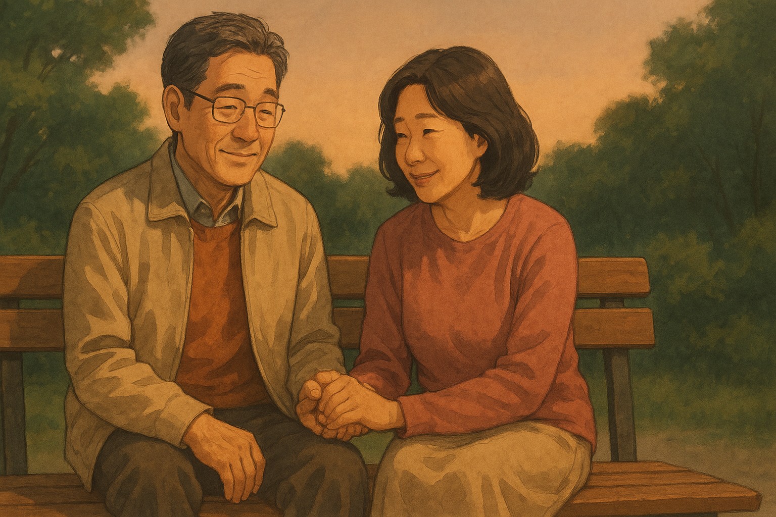 静かな公園でベンチに座る50代の日韓夫婦が手を取り合い微笑む様子。喧嘩後のクールダウンと仲直りを表現した温かい雰囲気のイメージ。