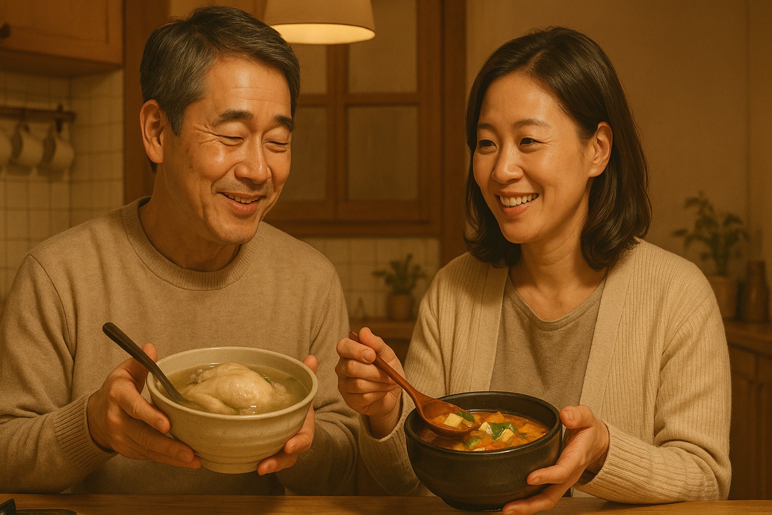 50代の日韓夫婦が温かい韓国スープを楽しむキッチン風景。サムゲタンやテンジャンチゲなど、冷え性対策に役立つ韓国風温活スープを囲み、笑顔で過ごす様子が伝わる画像