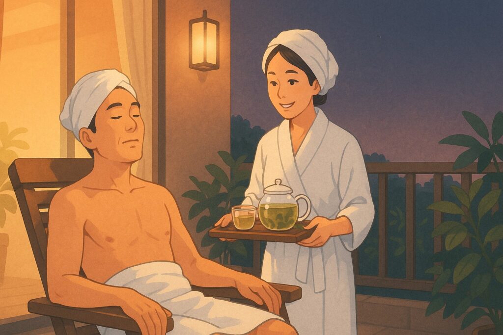 ベランダでリラックスする50代の日韓夫婦。おうちスパの雰囲気を楽しみながら、温かみある癒やしの時間を過ごす様子。