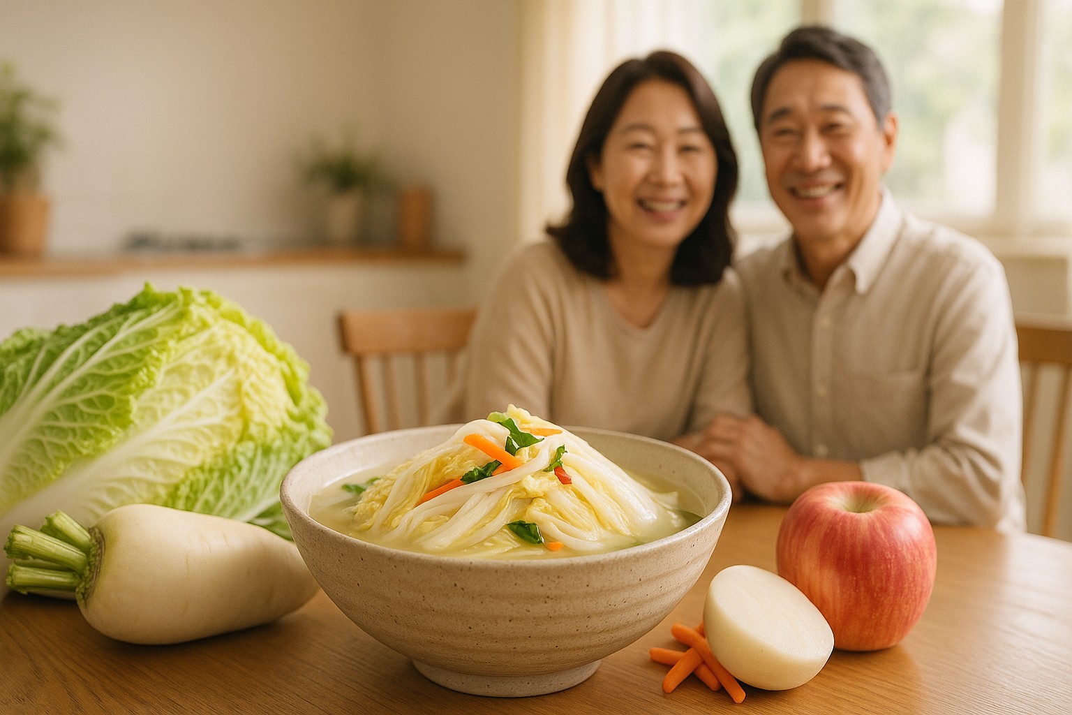 韓国風の白キムチと野菜が並ぶ朝の食卓。やさしい光に包まれた風景が、50代夫婦の腸活習慣を自然に伝える一枚。