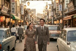 50s Japanese husband and Korean wife walking hand in hand on a nostalgic shopping street in the evening sunlight.