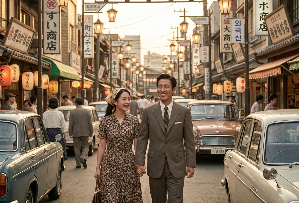 50s Japanese husband and Korean wife walking hand in hand on a nostalgic shopping street in the evening sunlight.