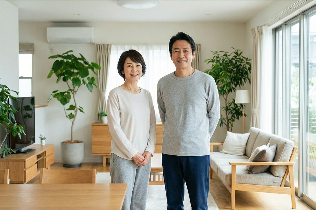明るいリビングで微笑む50代の日韓夫婦。無理のないダイエット習慣で心身ともに健康な様子。