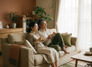 リビングのソファでくつろぐ日韓夫婦