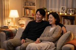 夜のリビングでリラックスする40代の日韓夫婦。テーブルにはナッツと温かいスープがあり、穏やかな表情でダイエット中の夜食対策を実践している様子。