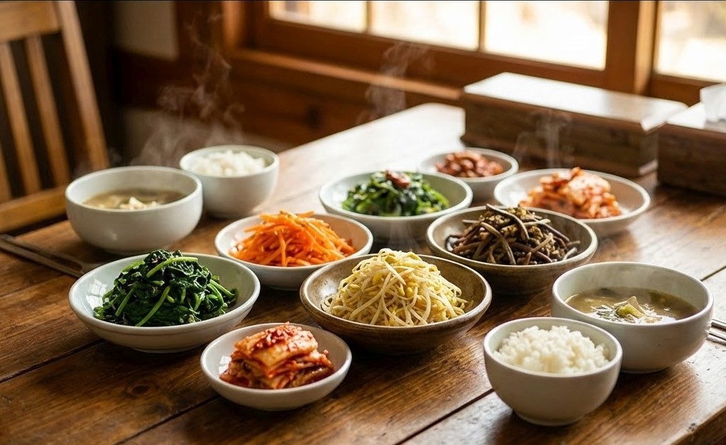 木のテーブルの上に並べられた色とりどりの韓国式おかず（ナムル）。ごま油の香りが漂ってきそうな、健康的で温かみのある食卓の様子。