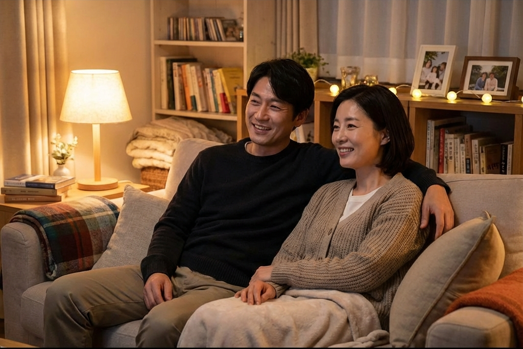 夜のリビングでリラックスする40代の日韓夫婦。テーブルにはナッツと温かいスープがあり、穏やかな表情でダイエット中の夜食対策を実践している様子。