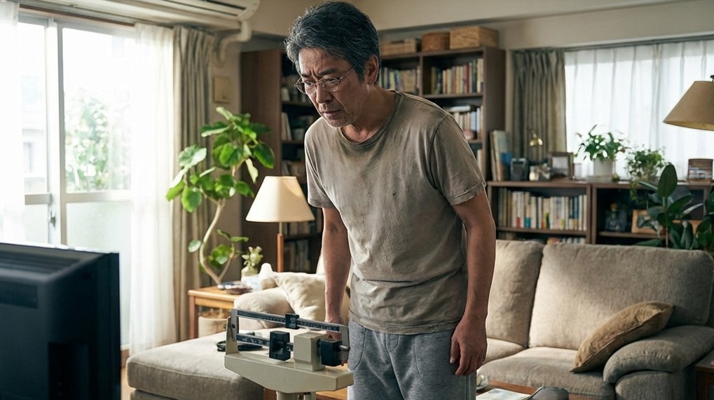 50s Japanese man looking worried while standing on a weight scale in a living room.