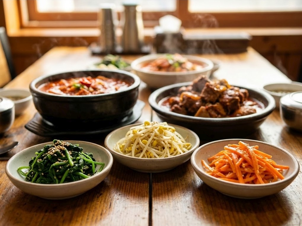 外食の濃い味付け料理とは対照的な、家庭で作られる野菜中心の優しい味付けの韓国料理（ナムルなど）。