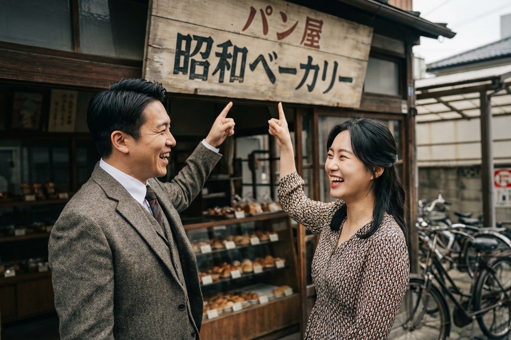 A close-up of the couple pointing at an old bakery shop, laughing and reminiscing about the past