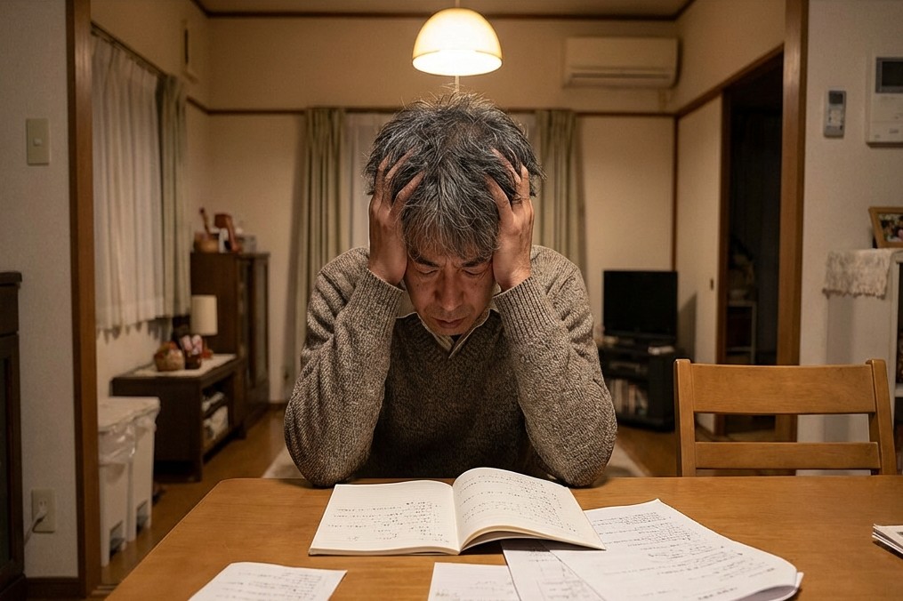 50s Japanese man holding his head in hands at a table, looking stressed about diet records.