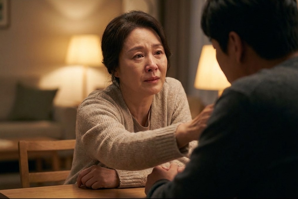 夫を心配そうに見つめる妻