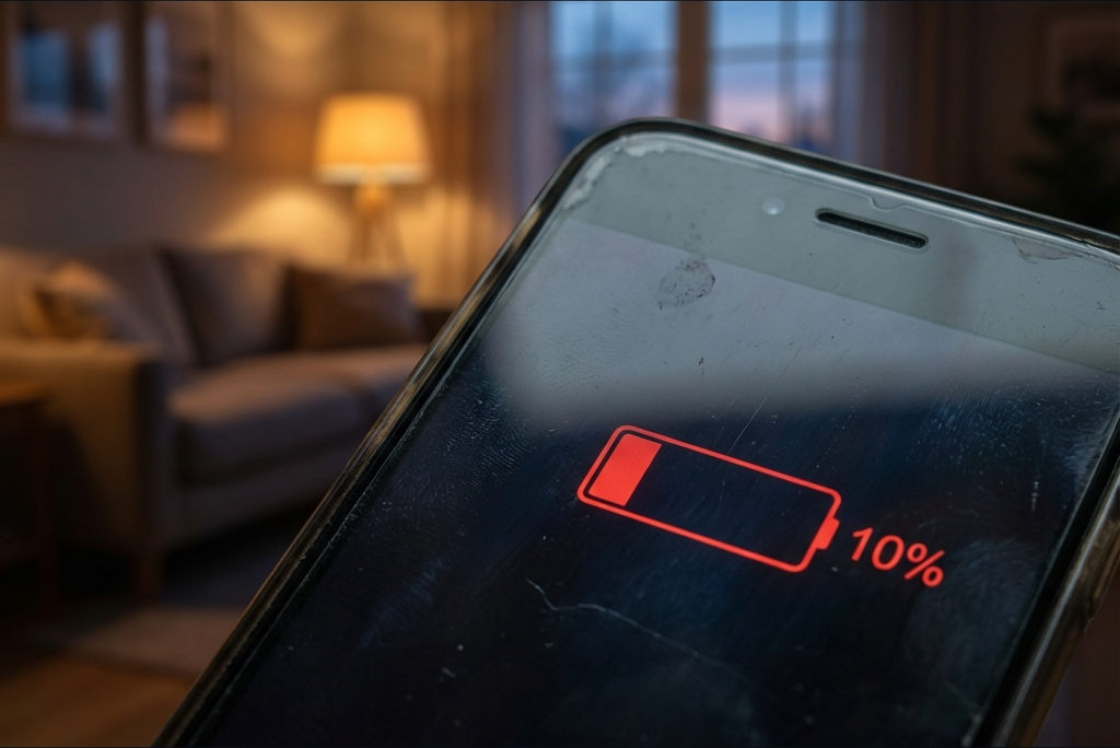 意志力の低下を象徴する、バッテリー残量が少ないスマートフォンの赤いアイコン。