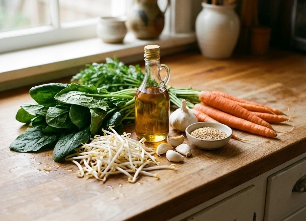 新鮮な野菜（ほうれん草、もやし、人参など）と、減塩の鍵となるごま油、ニンニク、入りごまなどの調味料が並んでいるキッチンカウンター。