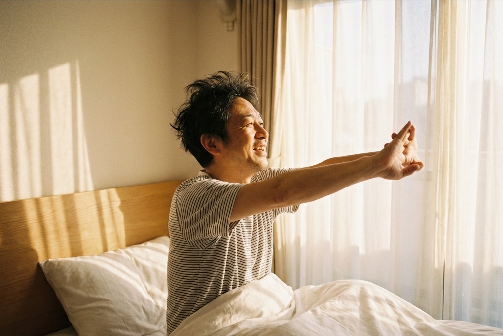 50s Japanese man waking up in bed stretching arms, looking refreshed in morning sunlight.