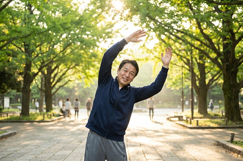 公園でラジオ体操をして体をほぐす男性