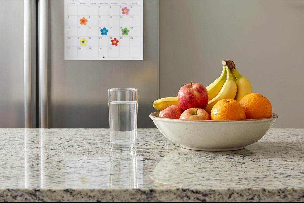 買い置きのお菓子がない清潔なキッチンカウンターと、達成シールが貼られた冷蔵庫のカレンダー。