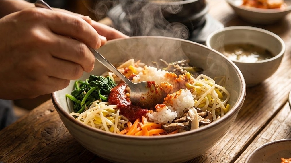 炊きたてのご飯の上に数種類のナムルをのせ、スプーンで混ぜ合わせようとしている手元。ビビンバスタイル。