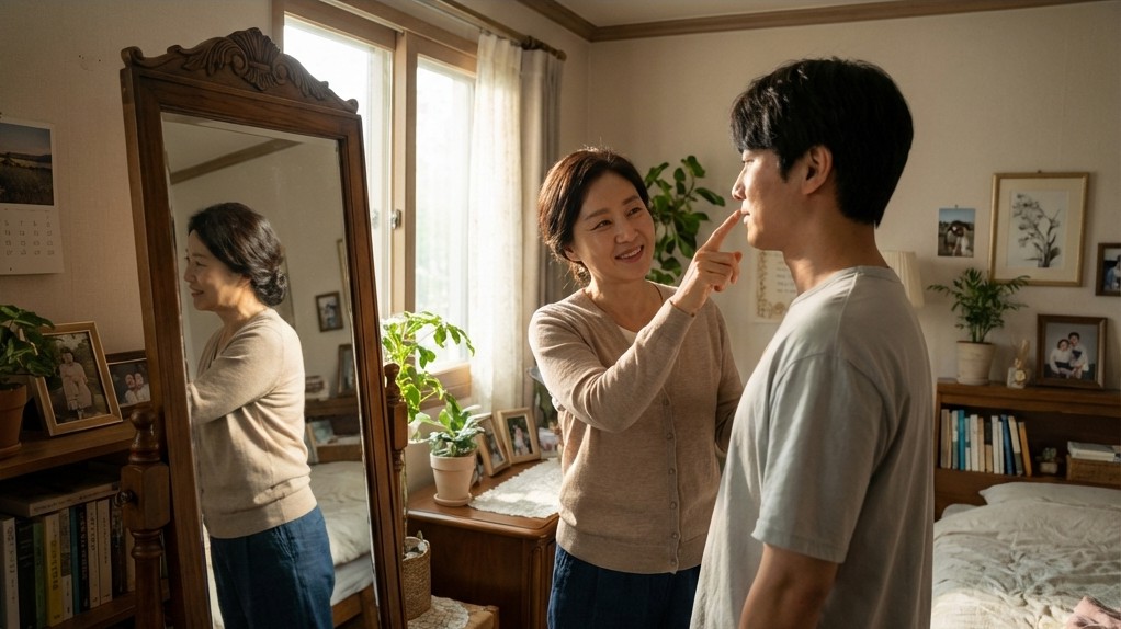 Korean wife pointing at her Japanese husband's face in a mirror, praising his healthy complexion.