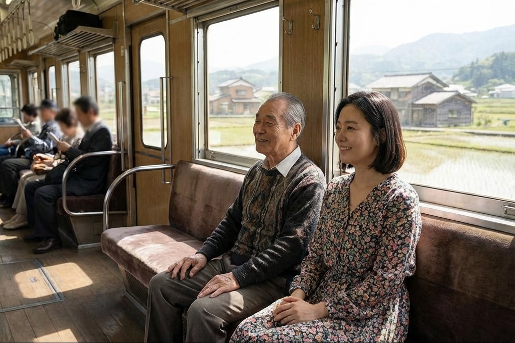 The couple sitting on a local train, looking out the window at the passing countryside scenery with relaxed smiles.